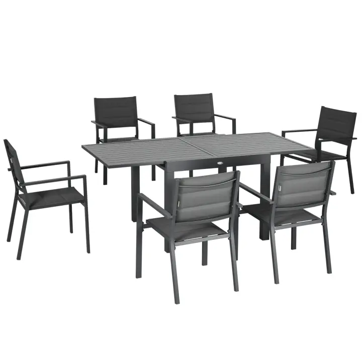 Outsunny Conjunto Muebles de Jardín 7 Piezas Juego de Comedor Exterior con Mesa Extensible y 6 Sillas Apilables Marco de Aluminio y Asiento de Texteline 90-180x89x74 cm Gris - 1