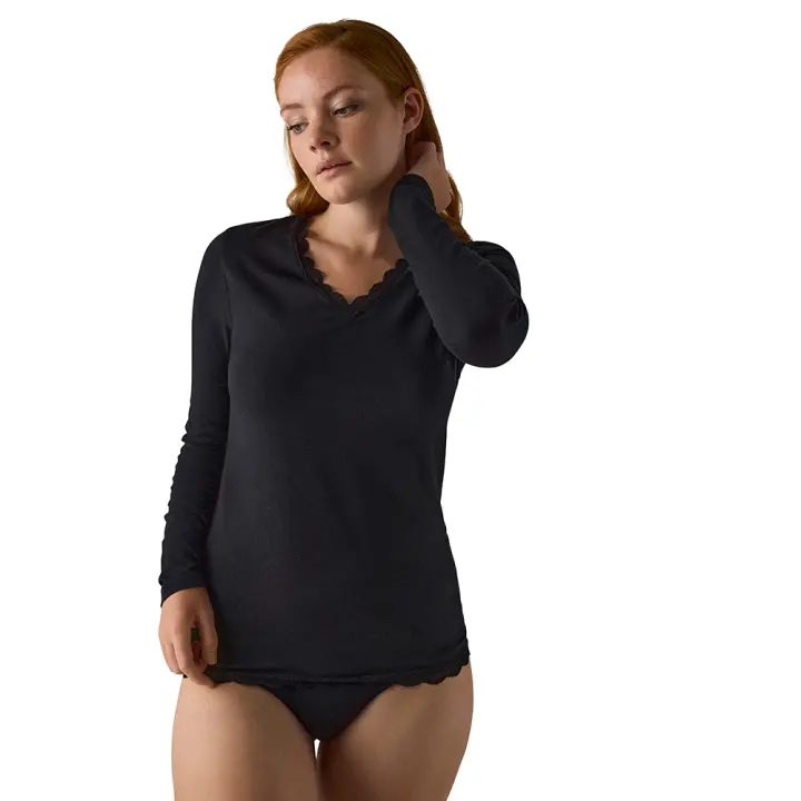 Ysabel Mora - Camiseta manga larga algodón detalle encaje negro - 1