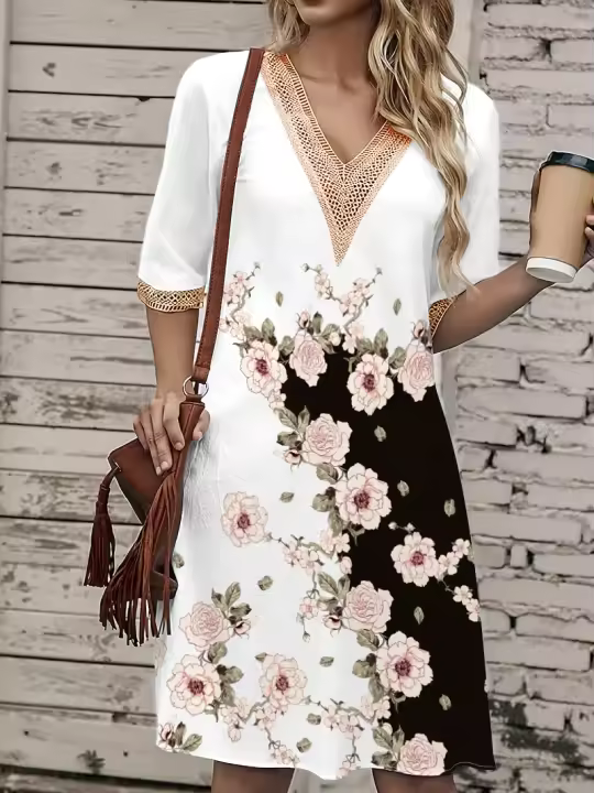 Vestido Corto Impreso Verano Con Cuello V Y Encaje Talla Grande Hasta La Rodilla Para Mujer Estilo Casual Polyester - 1
