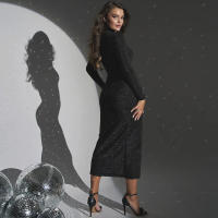 Vestido Largo Elegante De Mujer Otoño 2025 Cuello Redondo Brillo Seda Manga Larga Slim Wrap Abertura En La Cadera Estilo Básico - details 3