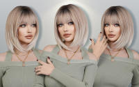 Pelucas Sintéticas NAMM Ash Ombre Bob Rubia Para Mujer Peluca Corta Recta Con Trenzas Fluffy Bangs Resistente Al Calor Uso Diario Fiesta - details 0