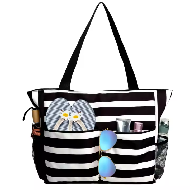Bolsas de Playa para Mujer, bolsas de Playa grandes, Bolsa de Playa impermeable with Cremallera, Bolsa de piscina para Viajes de vacaciones, color Negro - 1