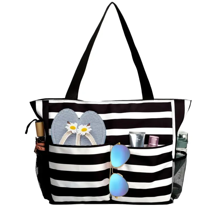 Bolsas de Playa para Mujer, bolsas de Playa grandes, Bolsa de Playa impermeable with Cremallera, Bolsa de piscina para Viajes de vacaciones, color Negro - 1