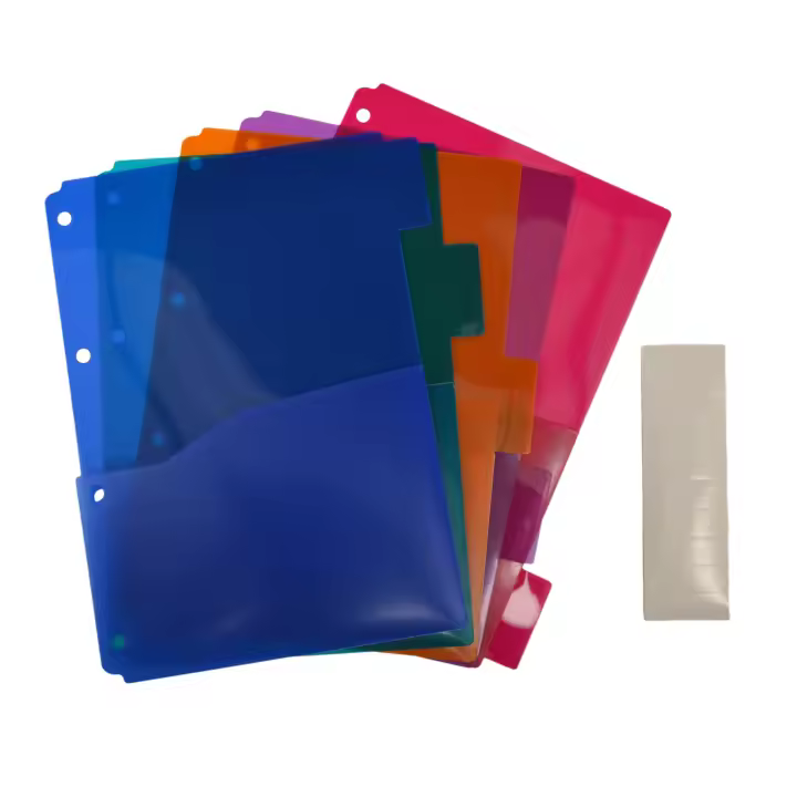 Pack 5 Separadores XTRA A5 Supra Colors en 5 Colores para todas las Carpeta de Anillas - Separadores en Polipropileno 100% ECO con Bolsillo y 10 indicadores adhesivos by Office Box. - 1