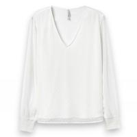 Blusa Tiffosi Lua en blanco brillante, escote pico y manga larga con elástico en los puños. - details 4