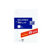 Oxford, 100hojas ,Recambio de Hojas Cuadriculadas A4 Perforadas. 4 Agujeros,  Recambio Archivador, 80+20 Hojas, Cuadrícula 4x4, con Margen, 90g de gramajes. Lineas Azules - details 0