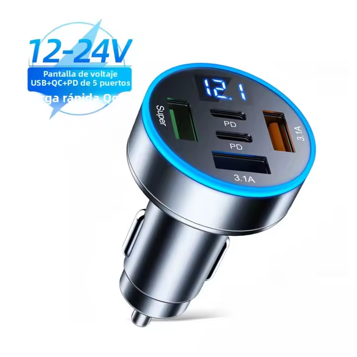 Cargador De Coche 5 En 1 Adaptador Rápido Con 3 Puertos USB + 2 PD QC3.0 Monitor De Voltaje C Type Para iPhone Samsung - 1