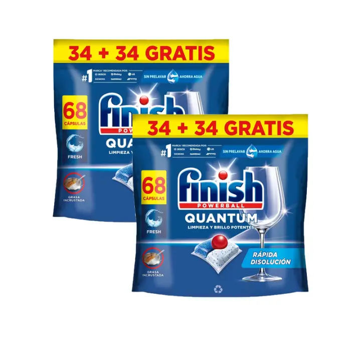 Finish Powerball Quantum – 136 o 340 Pastillas para Lavavajillas, Limpieza y Brillo Potentes, Aroma Regular, Formato 2x68 y 5x68 Lavados - 1