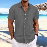 Camisa Casual De Hombre De Algodón Y Lino Con Rayas Jacquard Verano Cómoda Corta Color Sólido Moda Cierre Único Estilo Turn-down Collar - details 7