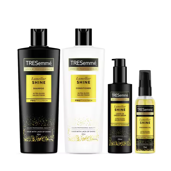 TRESemmé Rutina Lamellar Shine: Champú 400ml, Acondicionador 400ml, Serum 200ml y Aceite 75ml - 1
