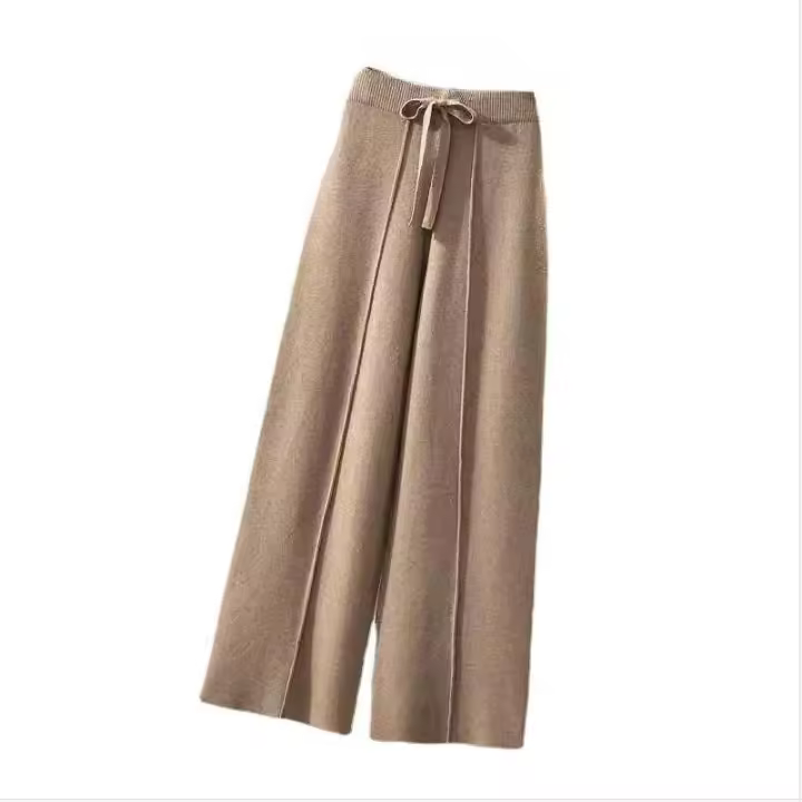 Pantalones De Punto Para Mujer Belt Alta Elasticidad Bermudas Caídas Con Cordón Pierna Recta Y Ancha Para Primavera - 1