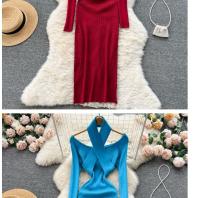 Vestido Largo Elegante De Otoño Invierno Para Mujer Con Cuello Haltera Y Cintura Ajustada Vestido Bodycon Coreano Para Oficina Vestidos De Suéter - details 0