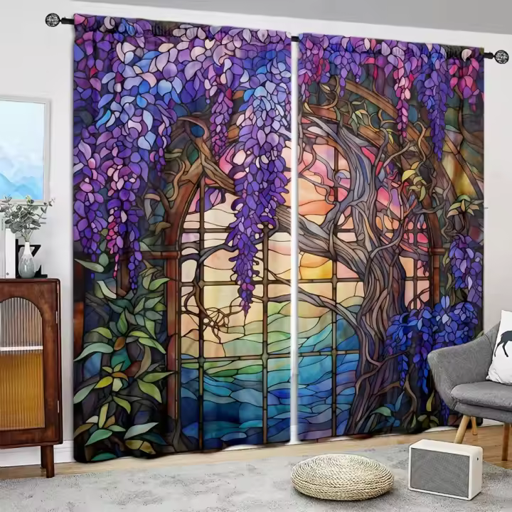 2pcs Cortina De Vidrio Estampada Con Flor De Wisteria Para Decoración Del Hogar - Bolso De Percha Para Dormitorio Oficina Cocina Y Sala De Estar - 1