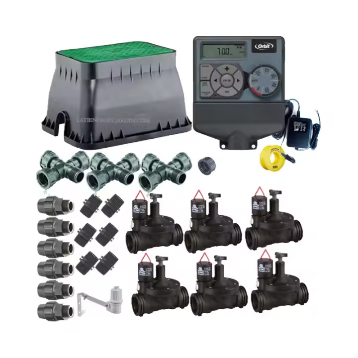 SUINGA Pack profesional de Riego Automático Orbit de 6 zonas 24v para tuberia 32mm, automatización de riego - 1