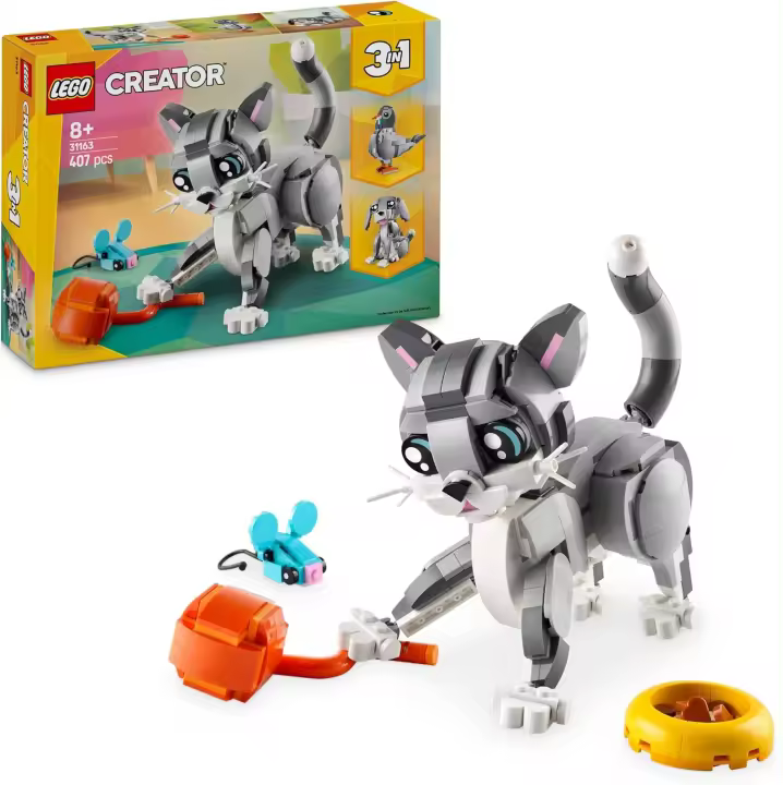 LEGO Creator 3 en 1 Gato Juguetón Transformable en Perro de Juguete o Paloma, Juego con Animales, Figuras Articuladas, Regalo de Cumpleaños para Niñas y Niños de 8 Años o Más (31163) - 1