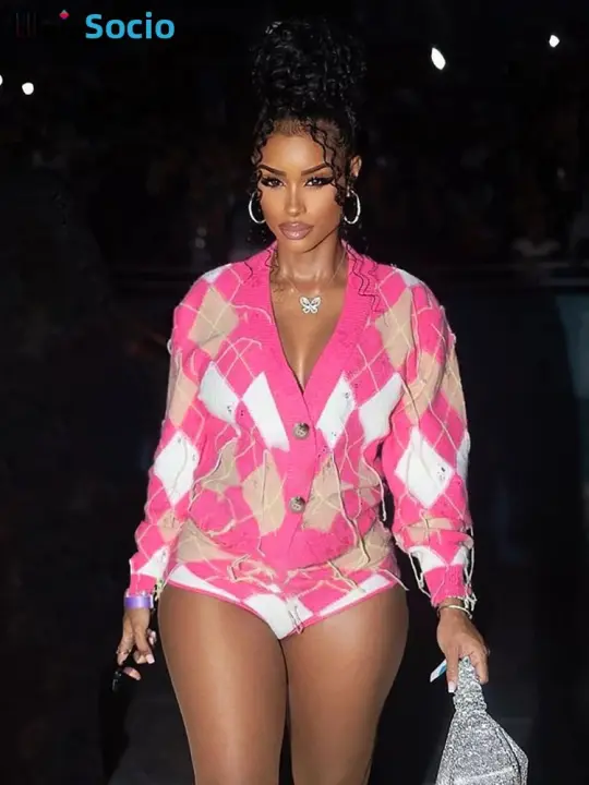 Conjunto De Suéter Y Mini Shorts Para Mujer Con Borlas Y Patrón De Cuadros Estilo Hipster Ajustado Y Transpirable Para Otoño - 1