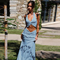 Conjunto Elegante De 2 Piezas Para Mujer Halter Sin Espalda Camisola De Cintura Elástica Con Volantes + Falda Larga De Encaje Sólida Vestido De Noche Para Fiesta Y Vacaciones En La Calle - details 35