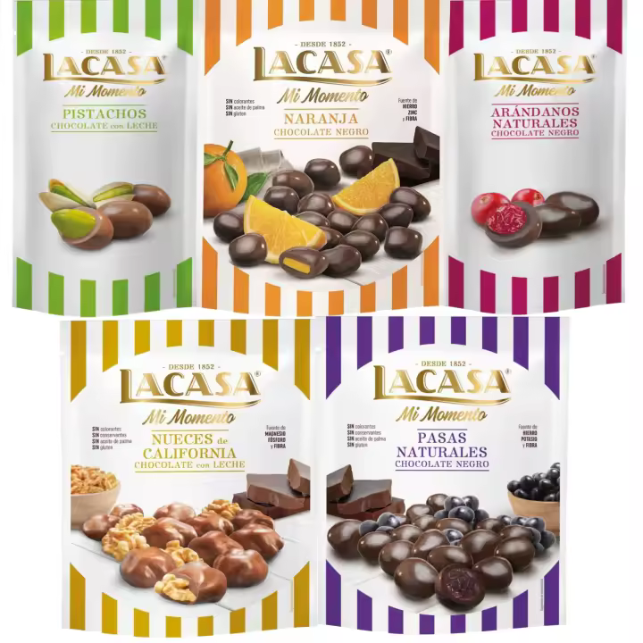 Lacasa Mi Momento pack de 5:Arándano Choco Negro ,Pistacho Choco Leche,Nueces Choco Leche ,Pasas Choco Negro ,Naranja Choco Negro - 1