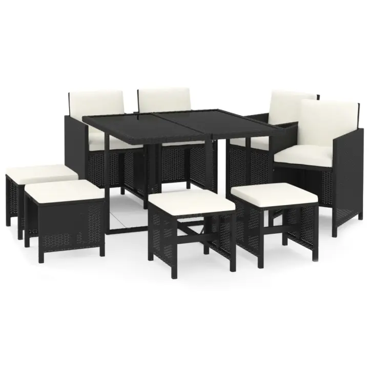 vidaXL Set de comedor de jardín 9 pzas y cojines ratán sintético negro - 1