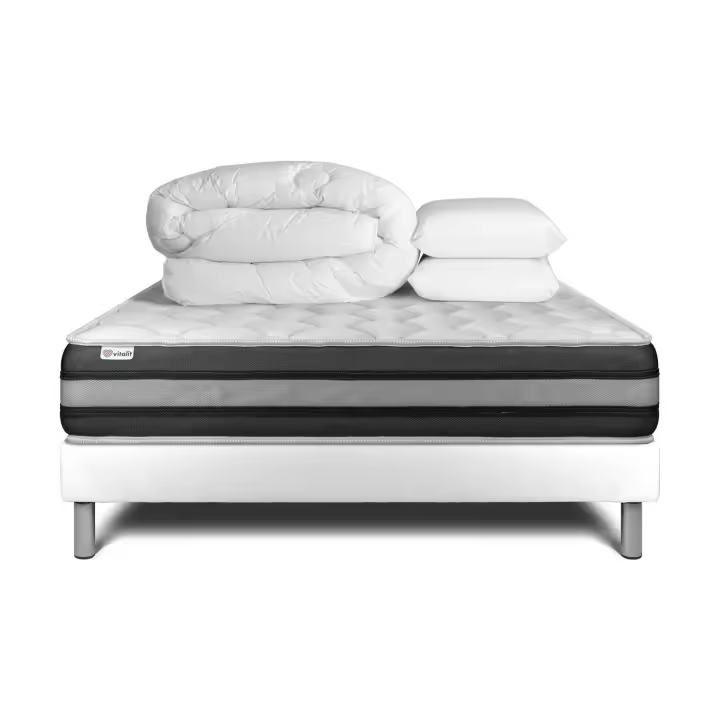 Pack cama completa - Colchón 200x200cm + Somier con láminas (kit) + 2 almohadas + Edredón - Vitalspring Zen - 1