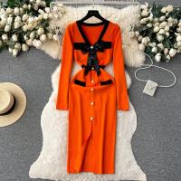 YuooMuoo Vestido Elegante Bodycon Para Mujer Con Cuello V Y Lazo Manga Larga Split Frontal Estilo Oficina Lady Chic Para Fiesta Y Trabajo - details 0