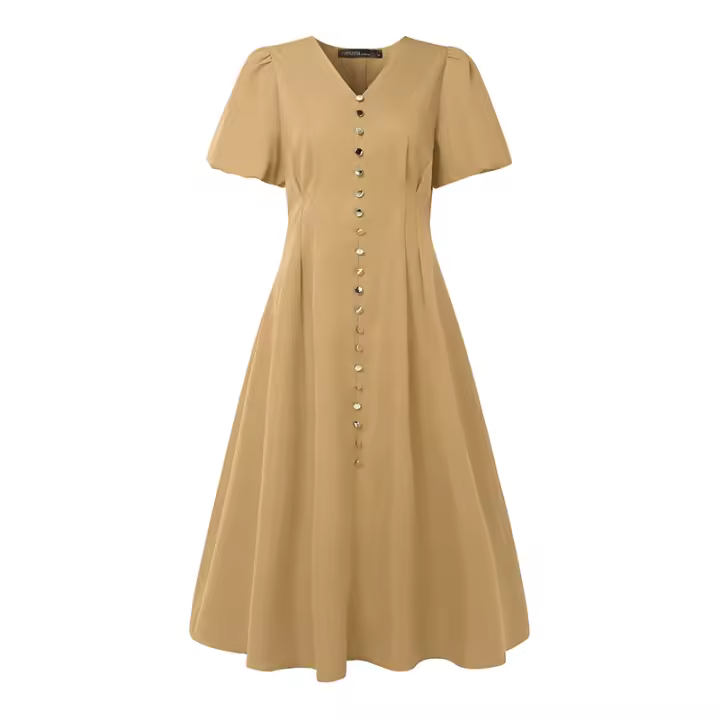 ZANZEA Vestido Elegante De Moda Para Mujer Verano Midi Vestido De Sol Manga Corta V-Neck Cintura Natural Vestidos De Calle - 1