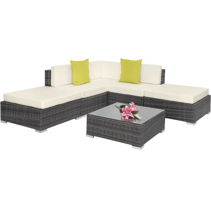 Tectake - Conjunto de ratán Paris | Conjunto modular de asientos y mesa de poliratán de calidad superior de diseño moderno | Para el jardín, el patio o el salón | Mesa con tablero de cristal | Estructura de aluminio con tornillos de acero inoxidable - 1