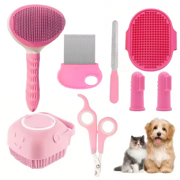 Kit De Aseo Para Gatos 8pcs Con Cepillo Desplumador Self-Cleaning, Cortauñas, Peine Y Cuidado Dental Herramientas Para El Aseo De Los Gatos - 1