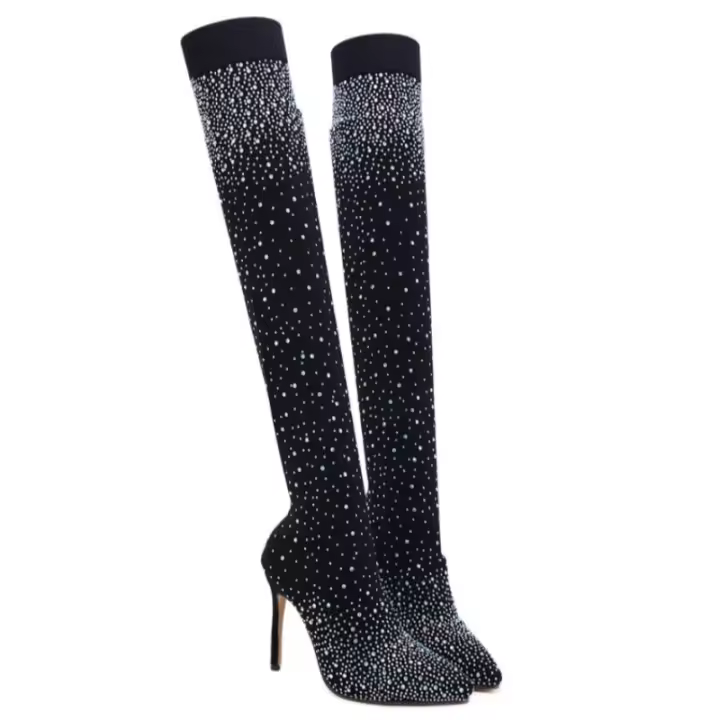 Botas Largas De Mujer Con Diamantes Punta Afilada Y Tacón Alto Talla Grande 43 Verano 2024 Moda Elegante Para Fiestas Y Noches Saludables - 1