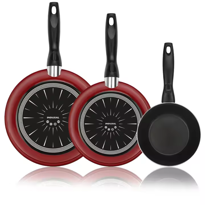 Alza Akai - Set de Sartenes Rojas 18 + 20 + 24 cm, Acero Vitrificado, Antiadherente Bicapa, Todo Tipo de Cocinas Incluido Inducción y Lavavajillas - 1