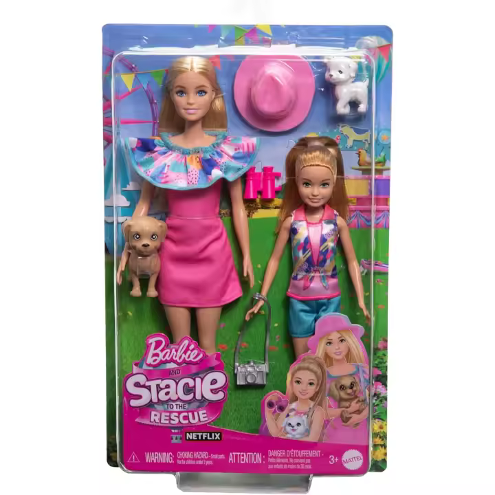 Barbie Pack 2 muñecas Hermanas con Ropa de Verano, Mascotas y Accesorios, de la película Stacie al Rescate, Juguete +3 años (Mattel HRM09) - 1