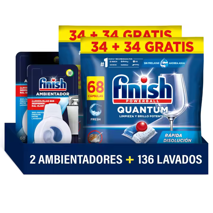 Finish Powerball Quantum 136 Pastillas para Lavavajillas + 2x Ambientador Fresco, Limpieza y Brillo Potentes, Aroma Regular Formato 2x68 - 1