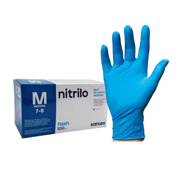 Santex Guantes nitrilo azul desechables, calidad profesional. 4,6 gr, sin polvo, 100 unidades, ambidiestro, categoría III, Tallas S, M, L y XL. Guantes para limpieza de sanitario, cocina, protección ante productos químicos, microorganismos y virus - 1