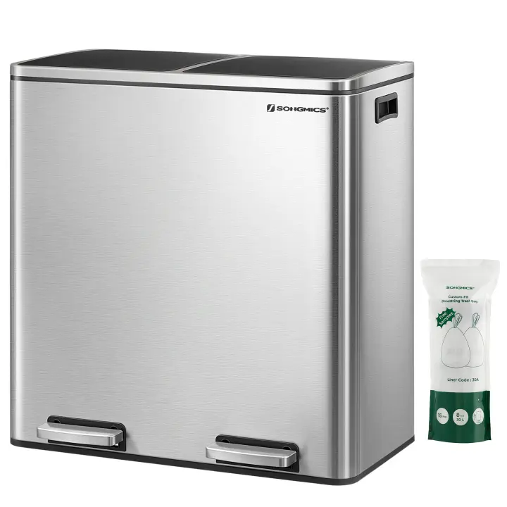 SONGMICS - Cubo de basura con doble compartimento de 2 x 30 L, con 15 bolsas de basura, pedal de metal, 2 cubos interiores de plástico, tapas, asas, cierre suave, plata y negro - 1