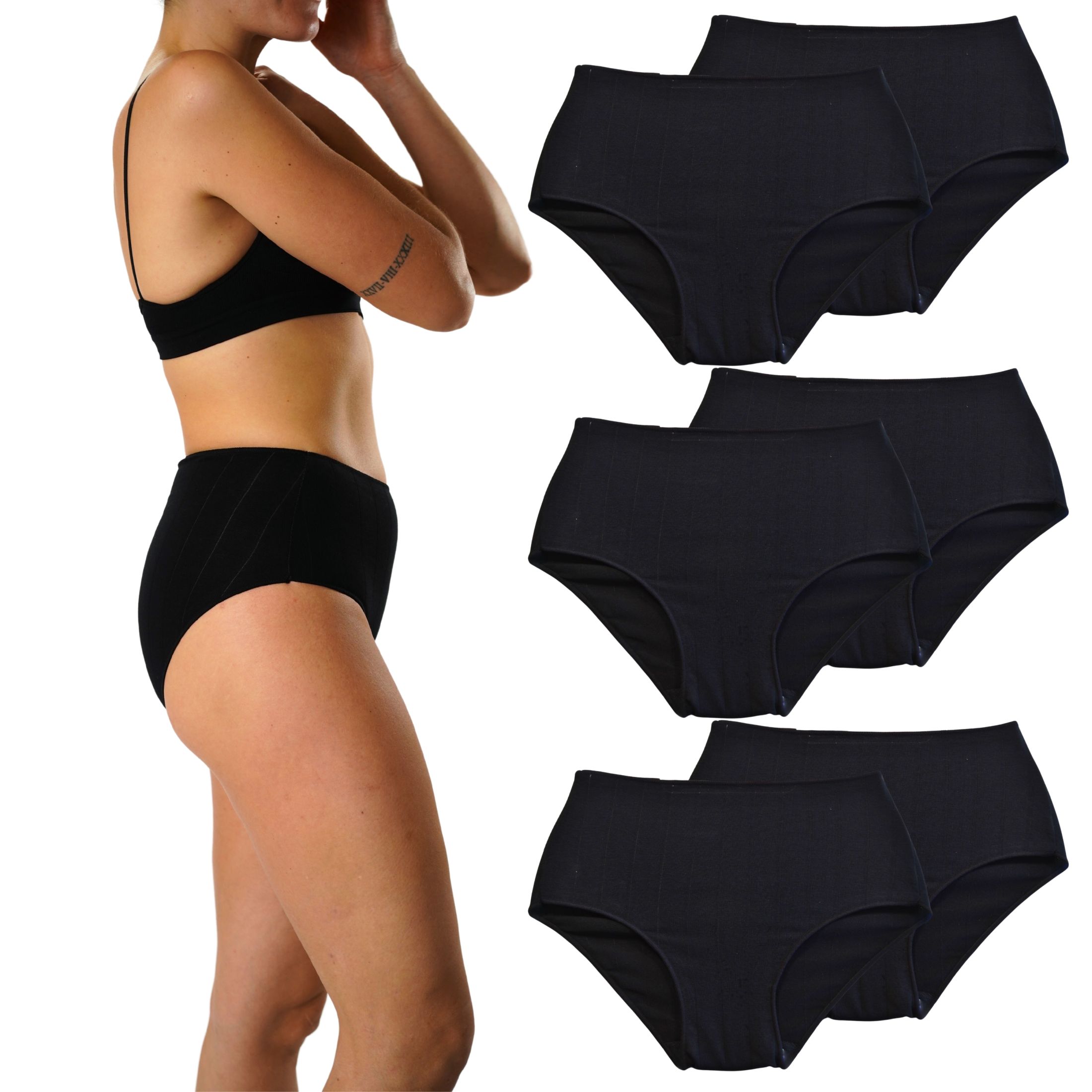 FEVI | Pack de 6 Braguitas Bikini Tiro Alto | 95% Algodón | Suaves y Transpirables | en 1 o 3 Colores: Negro, Beige, Blanco