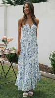 Vestido Maxi Bohemio De Verano Para Mujer En Chiffon Floral Sin Mangas Cuello En V A-Line Largo Con Espalda Descubierta Y Volante - details 1