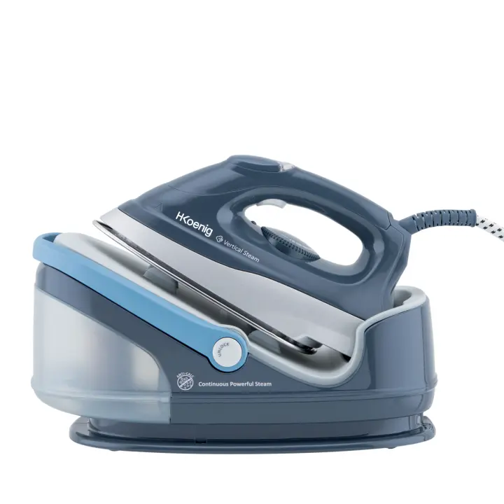H.Koenig V5i Centro de Planchado 2400W, 100 g/min, 6 Bares, Plancha con Suela de Cerámica, Depósito de Agua extraíble 1.7L, Autonomía Ilimitada, Control Manual de la Temperatura, Profesional, Azul - 1
