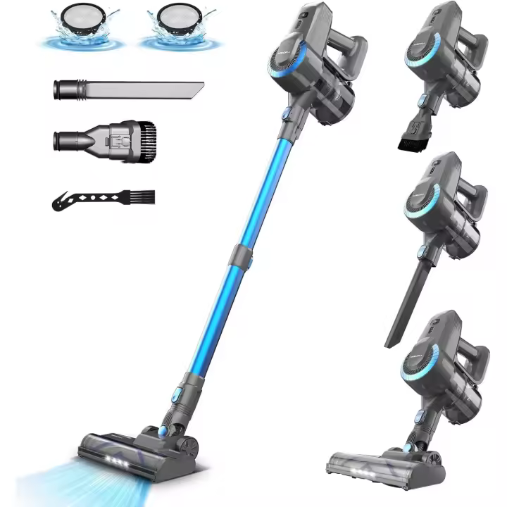 Aspiradora escoba sin cable 25kPa, inalámbrica vertical y de mano, 6 en 1 ligera, varita flexible 180°, 45 min, depósito 1,2 L, cepillo para mascotas, alfombra y suelos duros - 1