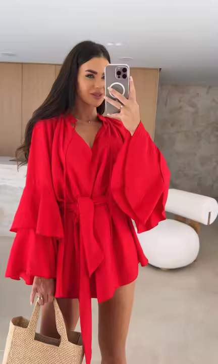 Vestido De Mujer Con Cuello En V Volante Irregular Manga Larga Con Cierre De Lazo Longitud Mini Estilo Oficina Lady - 1