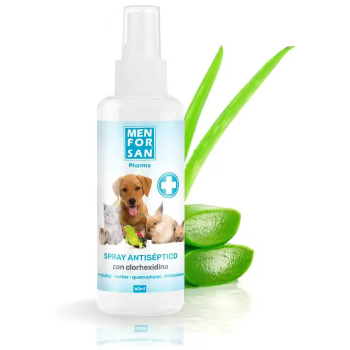 Menforsan Spray Antiseptico con Clorhexidina 60ml para perro gato conejo pajaros - Rasguños, cortes, quemaduras, irritaciones - Higiene y Desinfeccion Heridas - 1