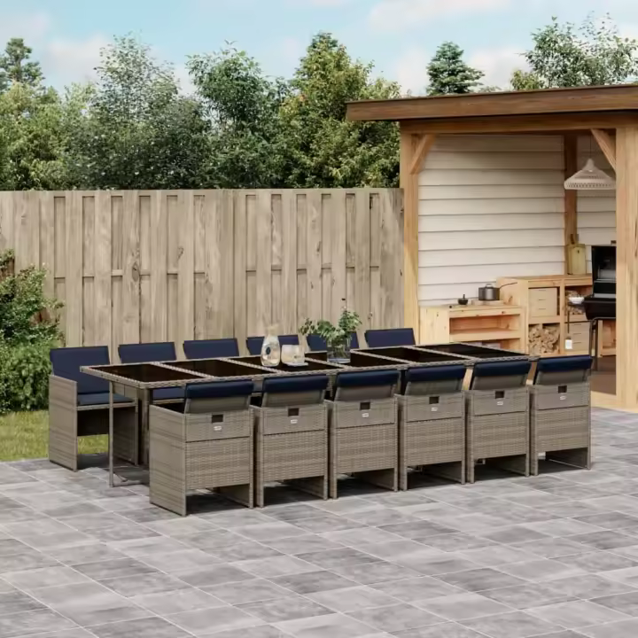 vidaXL Set comedor de jardín con cojines 13 pzas ratán sintético gris - 1