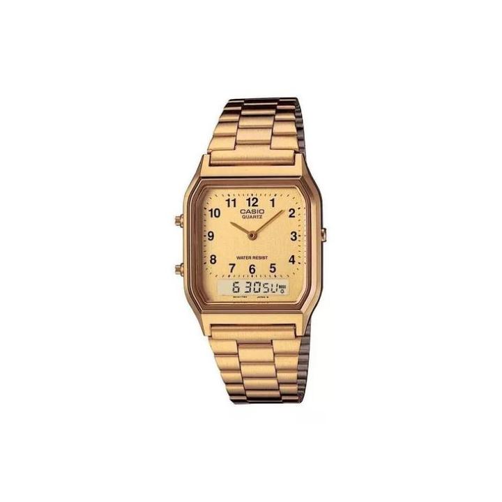 Casio AQ-230GA-9BMQ Reloj Híbrido Análogo-Digital para Hombre, Elegante Diseño Dorado, Hora Dual y Cronómetro Multifunción