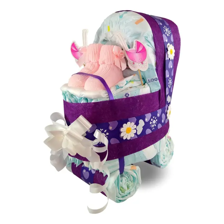 Tiernos Momentos - Tarta De Pañales Cochecito - Carrito Para Niña - Morado - 1