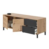 Meimon Mueble TV BROOKLYN 130x41x47 cm, con 2 puertas y 2 cajones, melamina TIPO E1, cantos PVC 0,6 mm, patas ABS negras, apertura “PUSH”, guías metálicas, acabado Roble Nodi y Gris Antracita, peso máx. 40 kg - details 3