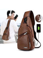 Bolso De Pecho Para Hombre Casual De Color Sólido PU Multifuncional Con Carga USB Cierre De Cremallera Para Comunicación - details 1