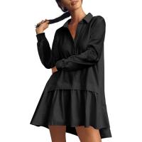 Vestido Mini De Estilo Perezoso Y Cómodo Con Botones Manga Larga Cuello En V Patchwork Casual Para Mujer Vestido Largo - details 4