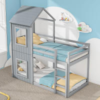 90*200cm Litera, Cama Infantil, Cama en dormitorio Masculino y Femenino, Con Escalera y Techo, de pie a Tierra, Madera masiva, Gris - details 5