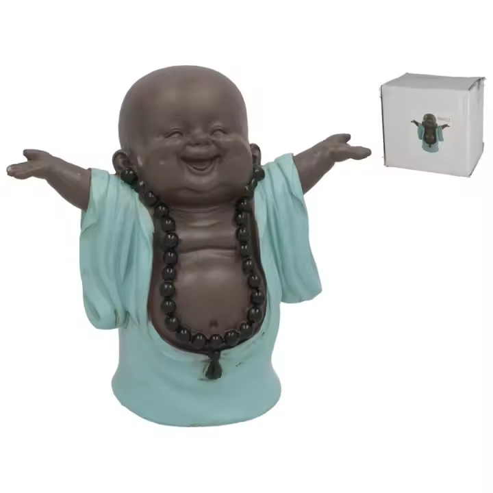 Gissed "Figura de Buda Feliz con Brazos Abiertos – Estatua Decorativa de Resina con Acabado en Marrón y Turquesa – Diseño Simbólico de Alegría y Prosperidad – Ideal para Hogar, Oficina, Feng Shui y Regalo Espiritual – 10x17x15.5 cm – Atrae Energía Positiv - 1