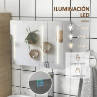 kleankin Armario con Espejo de Baño con Luz LED Mueble de Pared Colgante con 3 Puertas Estantes Ajustables Interruptor Táctil y USB 90x15x70 cm Blanco Brillante - details 3