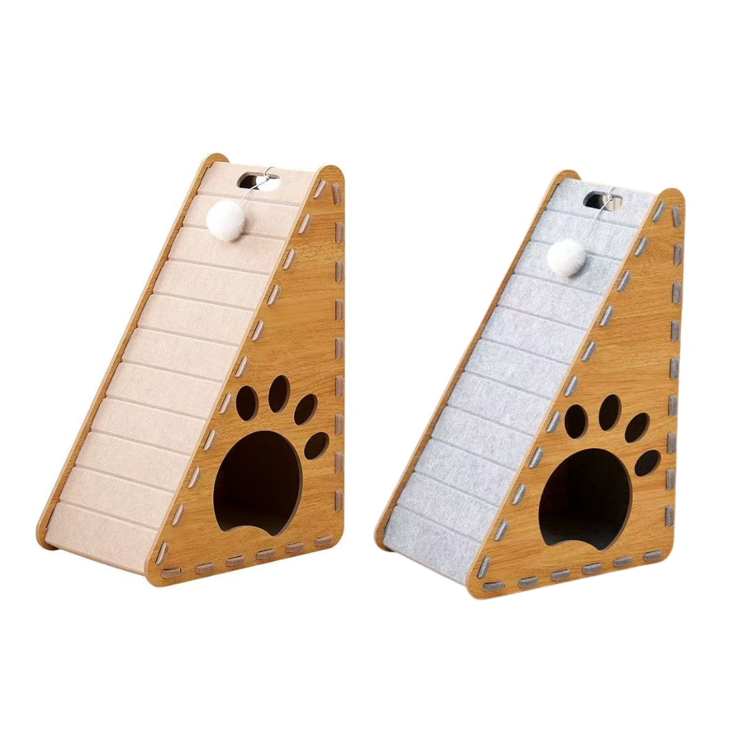 Cature, Rascador para Gatos de Madera con Rampa Inclinada, Diseño de Huella, Color Natural y Beige, 30*40*60cm